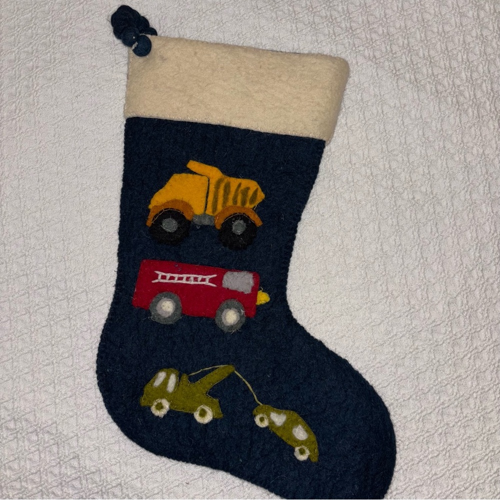 ARCADIA HOME Trucks On Navy Christmas Stocking In Hand Felted Wool